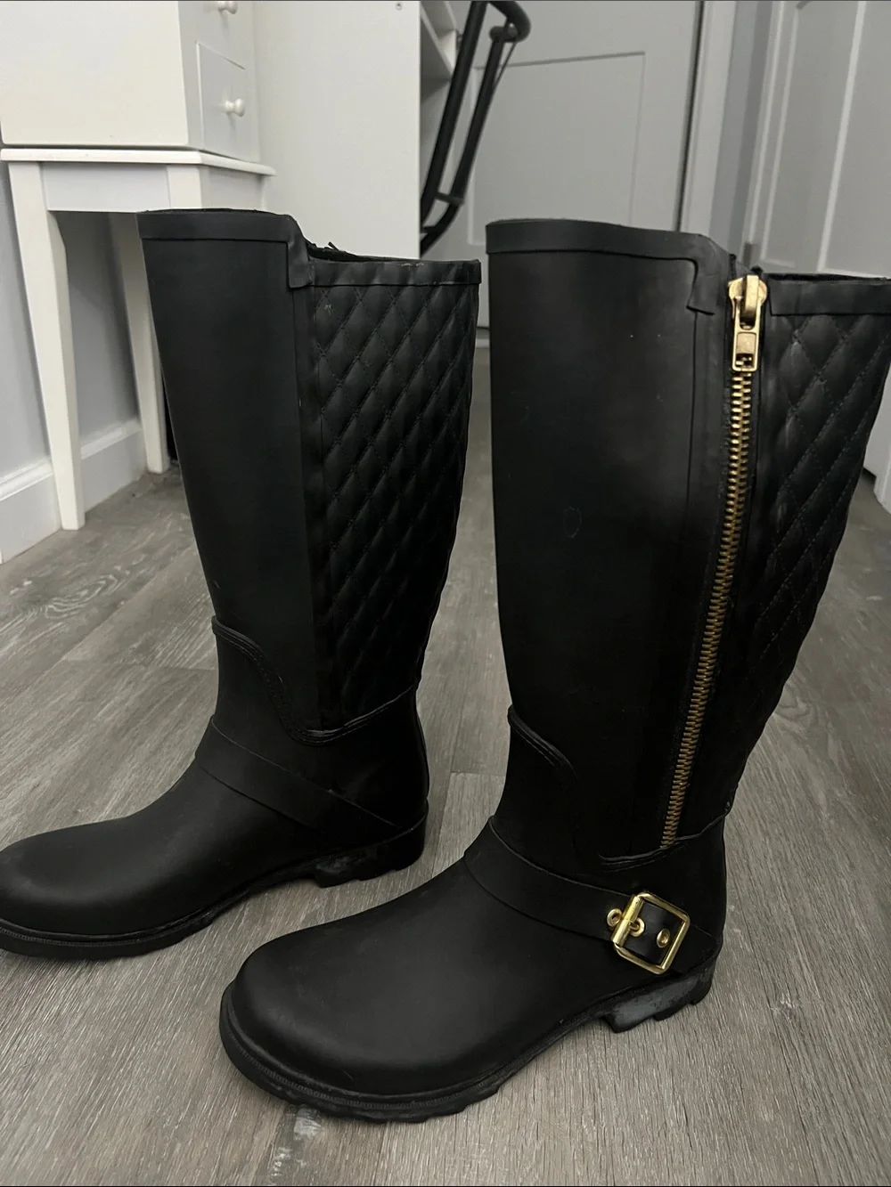 Steve Madden Black Quilted Tall Rain Boots with Gold Zip